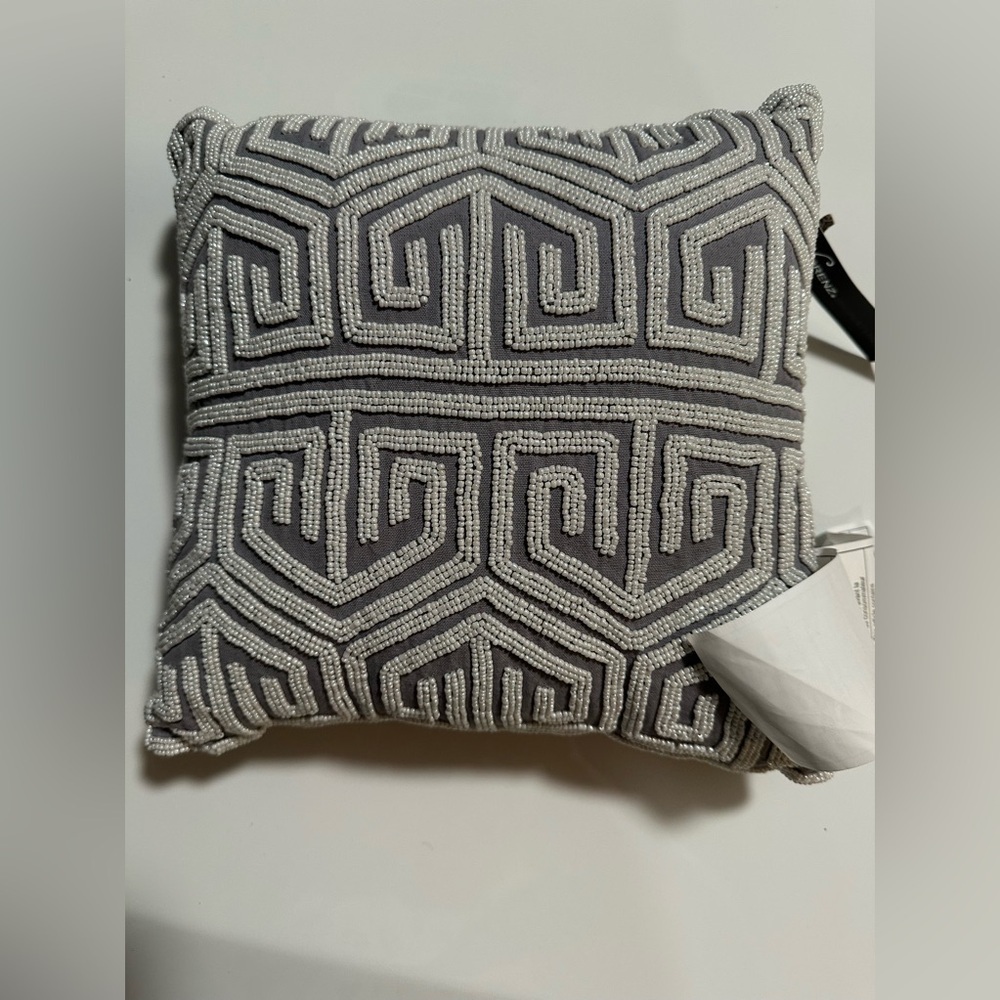 MARLO LORENZ Adriano Beaded Pillow 12x12 Gray/White Geometric Throw Pillow - Picture 1 of 4